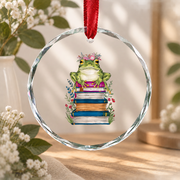 Book Lover Frog Floral Reader Glass Ornament - Material: Circle Glass Ornament