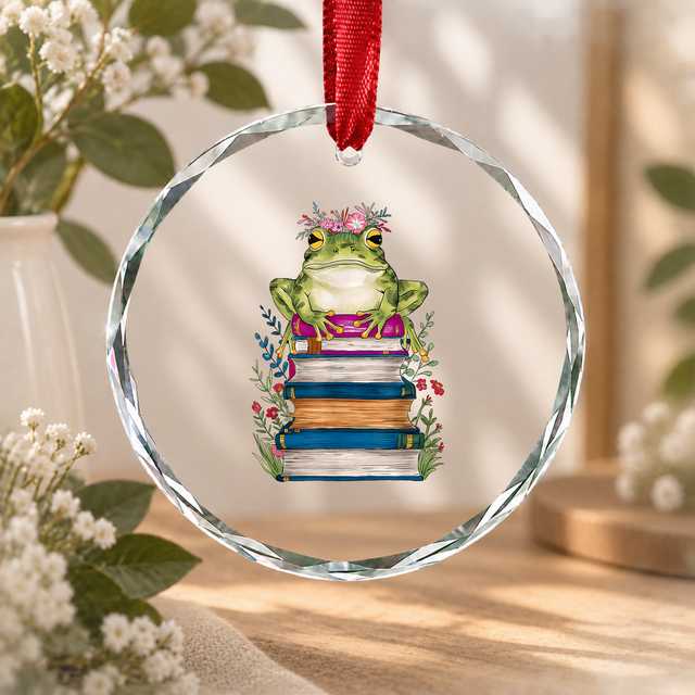 Book Lover Frog Floral Reader Glass Ornament - Material: Circle Glass Ornament