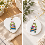 Book Lover Frog Floral Reader Glass Ornament - Material: Heart Ceramic Ornament