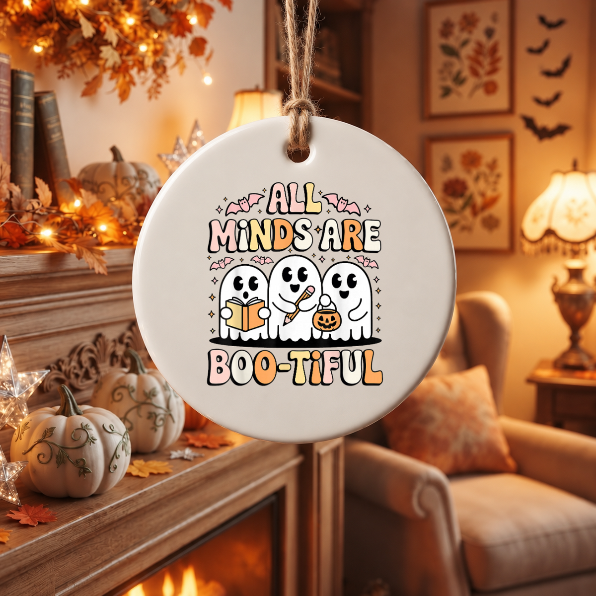 Book Lover Ghost Halloween Ornament with Cute Reading Theme Glass Ornament - Material: Circle Ceramic Ornament