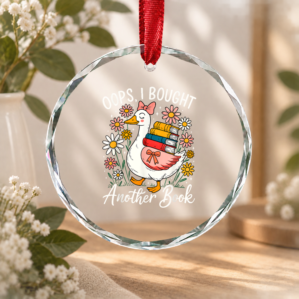 Book Lover Goose Reading Funny Gift Glass Ornament - Material: Circle Glass Ornament