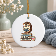 Book Lover Hedgehog Reading Books Reader Glass Ornament - Material: Circle Ceramic Ornament