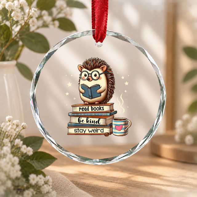 Book Lover Hedgehog Reading Books Reader Glass Ornament - Material: Circle Glass Ornament