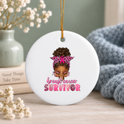 Breast Cancer Survivor Afro Woman Glass Ornament - Material: Circle Ceramic Ornament