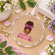Breast Cancer Survivor Afro Woman Glass Ornament - Material: Circle Glass Ornament