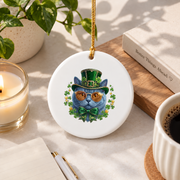 British Shorthair Cat Leprechaun St Patrick's Glass Ornament - Material: Circle Ceramic Ornament