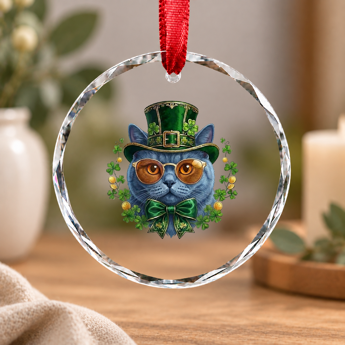 British Shorthair Cat Leprechaun St Patrick's Glass Ornament - Material: Circle Glass Ornament