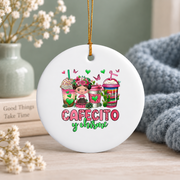 Cafecito Y Chisme Coffee Cup Funny Coffee Lover Glass Ornament - Material: Circle Ceramic Ornament