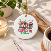 Cafecito Y Chisme Coffee Cup Funny Coffee Lover Glass Ornament - Material: Circle Ceramic Ornament