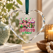 Cafecito Y Chisme Coffee Cup Funny Coffee Lover Glass Ornament - Material: Heart Glass Ornament