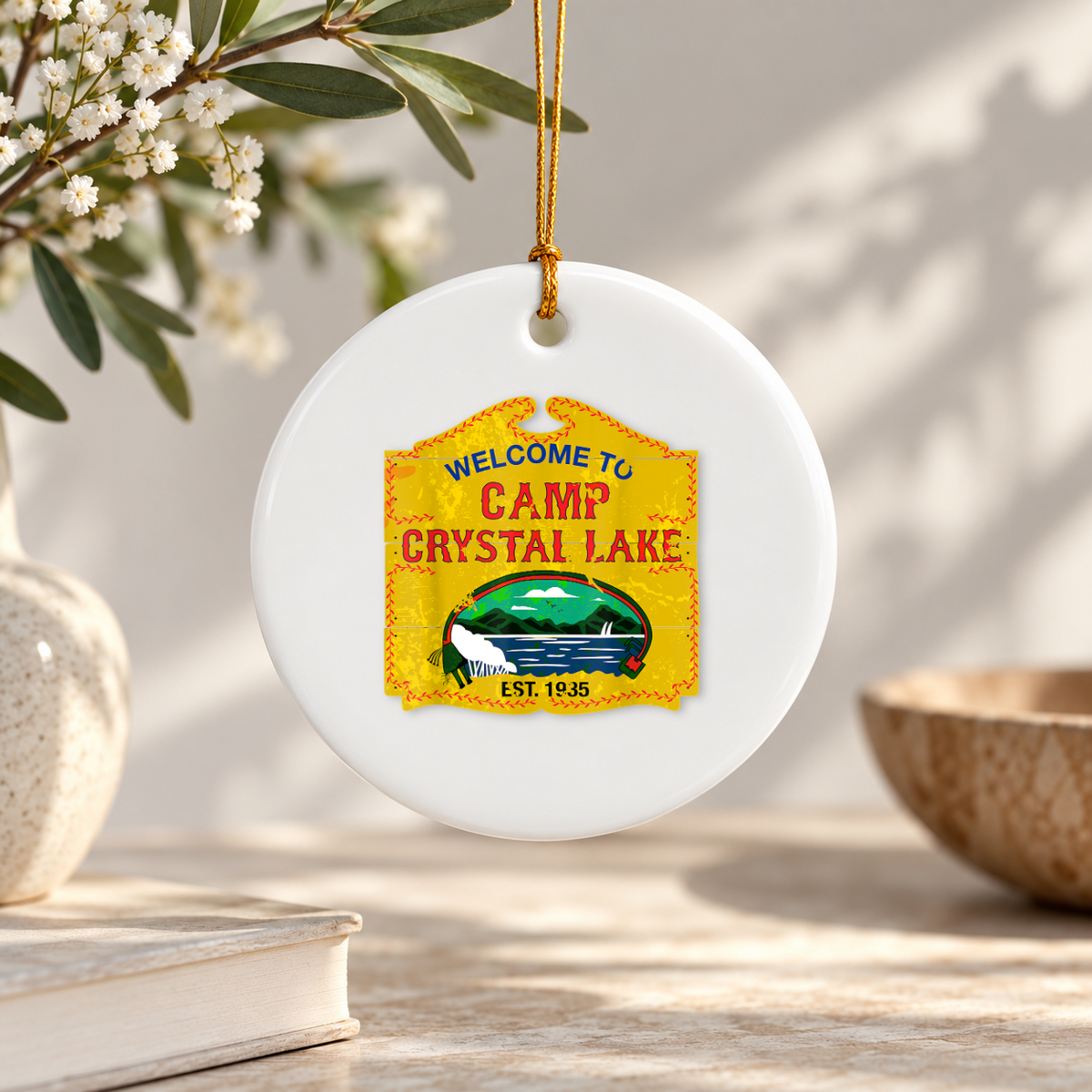 Camp Crystal Lake Outdoor Adventure Ceramic Ornament - Material: Circle Ceramic Ornament
