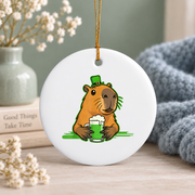Capybara Shamrock Beer St Patrick's Glass Ornament - Material: Circle Ceramic Ornament