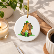 Capybara Shamrock Beer St Patrick's Glass Ornament - Material: Circle Ceramic Ornament