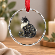 Cat Baroque Floral Long Hair Artistic Glass Ornament - Material: Circle Glass Ornament