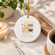 Cat Coffee Lover Good Day Theme Glass Ornament - Material: Circle Ceramic Ornament