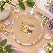 Cat Coffee Lover Good Day Theme Glass Ornament - Material: Circle Glass Ornament