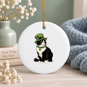Cat Leprechaun Shamrock Kitten Glass Ornament - Material: Circle Ceramic Ornament
