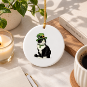Cat Leprechaun Shamrock Kitten Glass Ornament - Material: Circle Ceramic Ornament