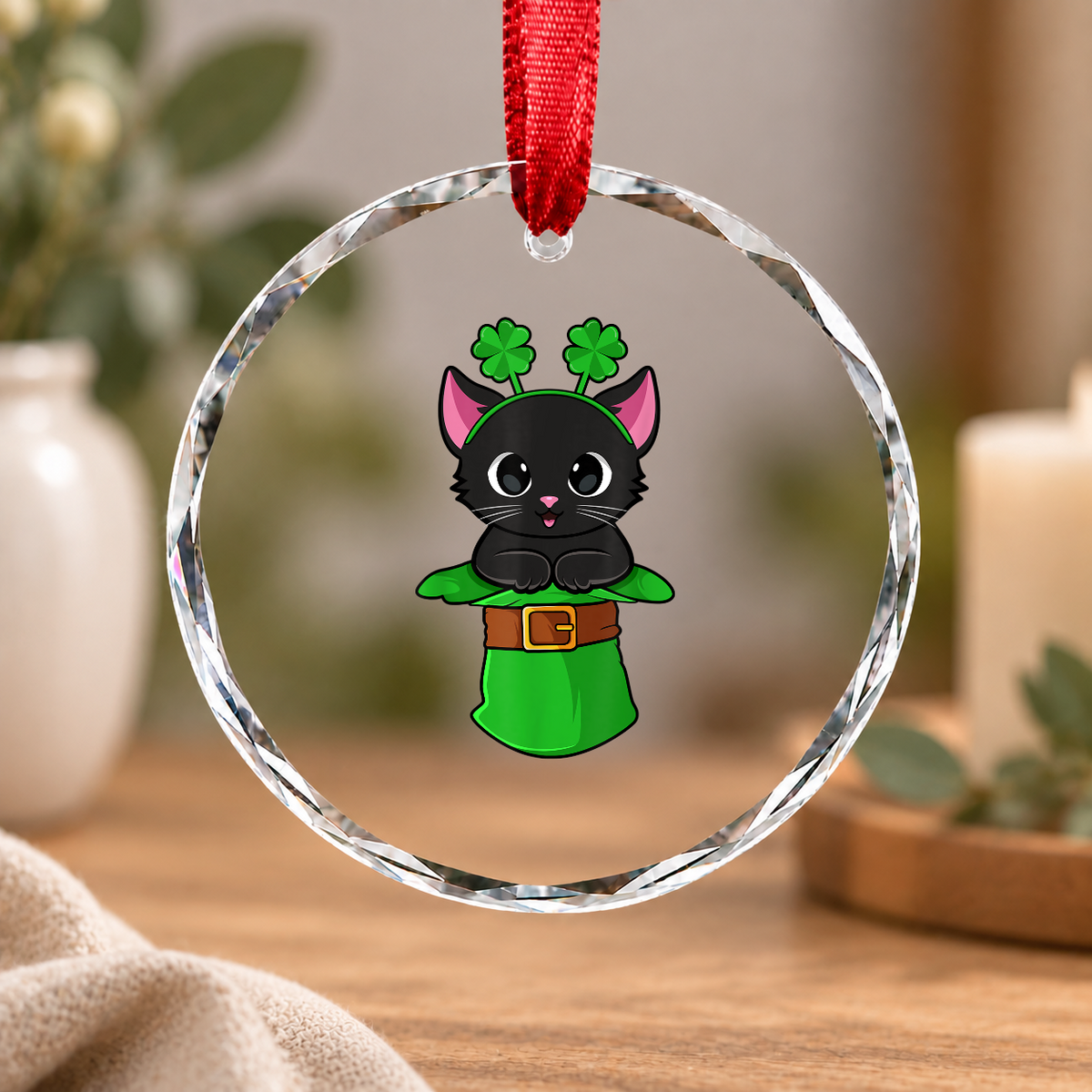 Cat Leprechaun Shamrock St Patrick's Glass Ornament - Material: Circle Glass Ornament