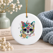 Cat Wildflower Day Of The Dead Inspired Glass Ornament - Material: Circle Ceramic Ornament