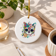 Cat Wildflower Day Of The Dead Inspired Glass Ornament - Material: Circle Ceramic Ornament
