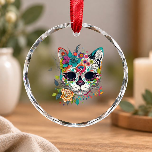 Cat Wildflower Day Of The Dead Inspired Glass Ornament - Material: Circle Glass Ornament