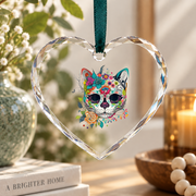 Cat Wildflower Day Of The Dead Inspired Glass Ornament - Material: Heart Glass Ornament