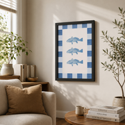 Checkered Fish Wall Art Blue Coastal Poster Trendy Apartment Decor Granddaughter Seaside - Format: Black Framed Poster
