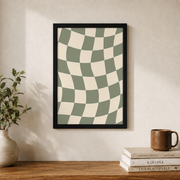 Checkered Wall Art Sage Green and Beige Geometric Poster Retro Trendy Checkerboard Decor Unframed - Format: Black Framed Poster