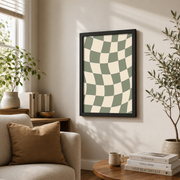 Checkered Wall Art Sage Green and Beige Geometric Poster Retro Trendy Checkerboard Decor Unframed - Format: Black Framed Poster