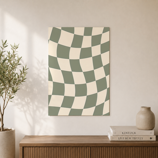 Checkered Wall Art Sage Green and Beige Geometric Poster Retro Trendy Checkerboard Decor Unframed - Format: Unframed Paper Poster