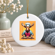 Chef Moose Cooking Pancake Lover Gift Kitchen Holiday Decor Glass Ornament - Material: Circle Ceramic Ornament