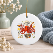 Chef Octopus Funny Cooking Gift Sous Chef Kitchen Decoration Glass Ornament - Material: Circle Ceramic Ornament