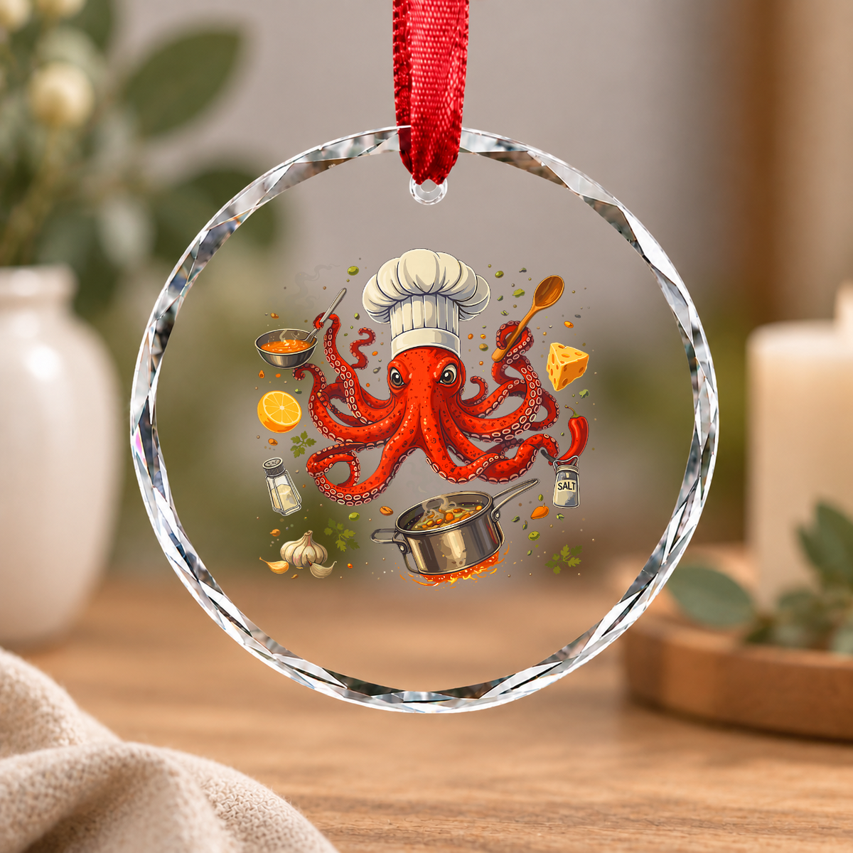 Chef Octopus Funny Cooking Gift Sous Chef Kitchen Decoration Glass Ornament - Material: Circle Glass Ornament