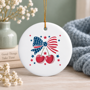 Cherry Bow Coquette Style Holiday Gift Decoration Glass Ornament - Material: Circle Ceramic Ornament
