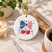 Cherry Bow Coquette Style Holiday Gift Decoration Glass Ornament - Material: Circle Ceramic Ornament