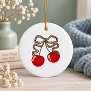 Cherry Coquette Bow Cute Girl Aesthetic Gift Glass Ornament - Material: Circle Ceramic Ornament