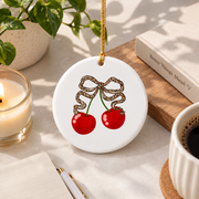 Cherry Coquette Bow Cute Girl Aesthetic Gift Glass Ornament - Material: Circle Ceramic Ornament