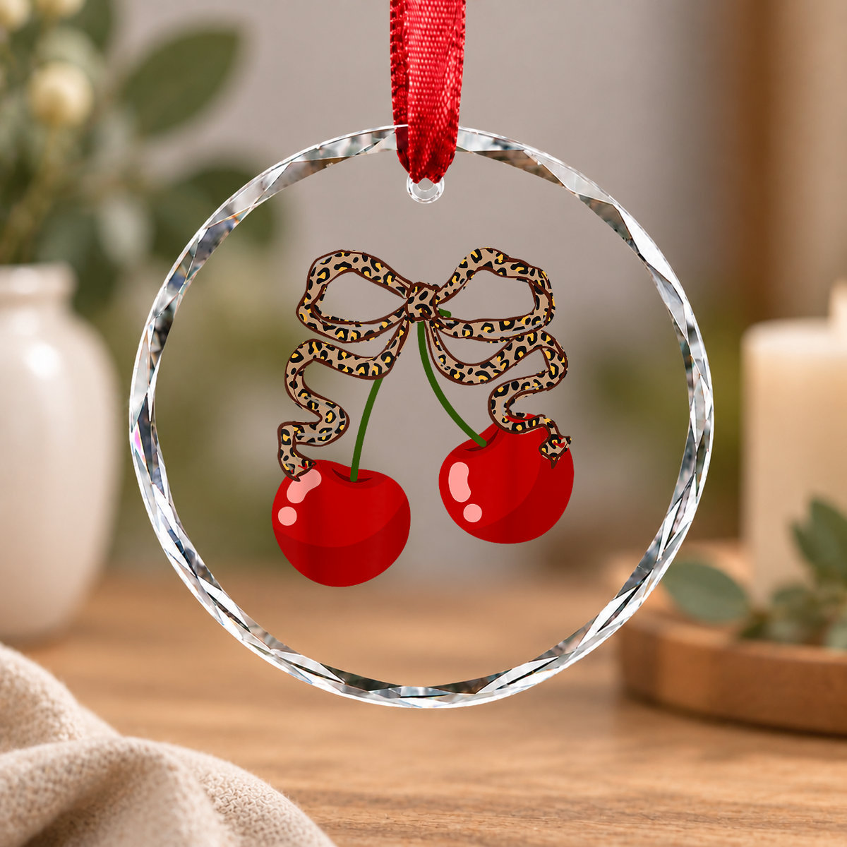 Cherry Coquette Bow Cute Girl Aesthetic Gift Glass Ornament - Material: Circle Glass Ornament