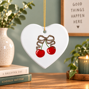 Cherry Coquette Bow Cute Girl Aesthetic Gift Glass Ornament - Material: Heart Ceramic Ornament