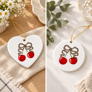 Cherry Coquette Bow Cute Girl Aesthetic Gift Glass Ornament - Material: Heart Ceramic Ornament