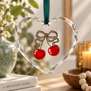 Cherry Coquette Bow Cute Girl Aesthetic Gift Glass Ornament - Material: Heart Glass Ornament