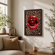 Cherry Red Lips Leopard Wall Art Pop Art Cheetah Poster Chic Funky Animal Decor - Format: Black Framed Poster