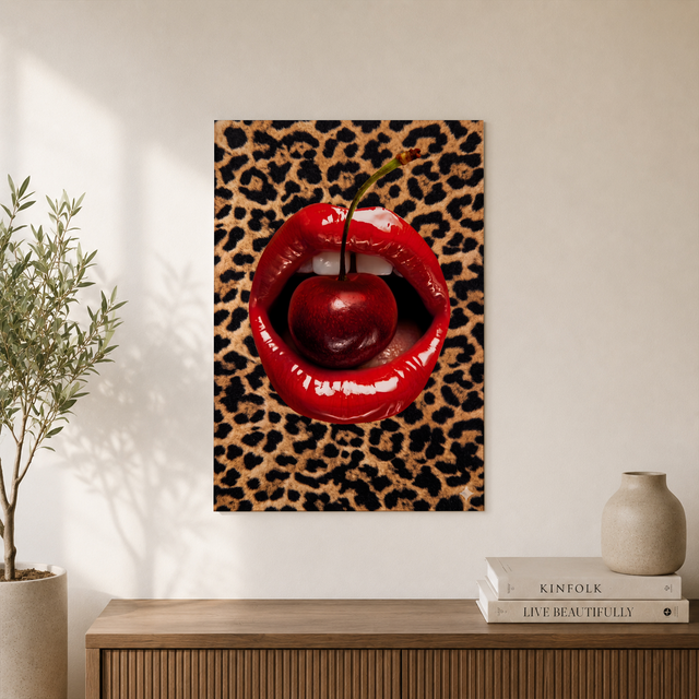 Cherry Red Lips Leopard Wall Art Pop Art Cheetah Poster Chic Funky Animal Decor - Format: Unframed Paper Poster