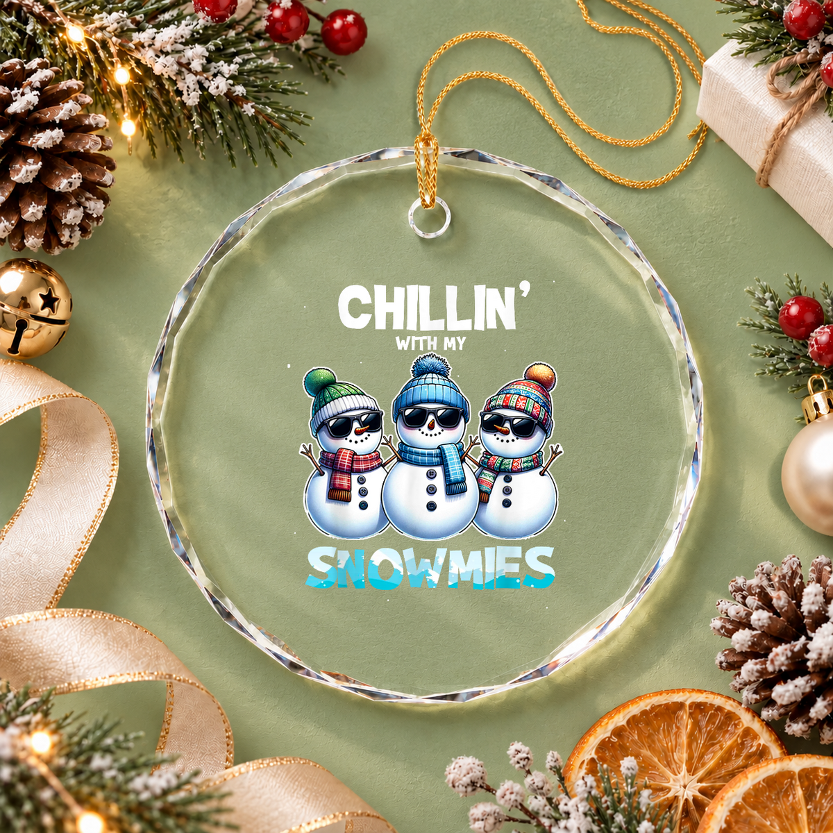 Chillin With My Snowmies Christmas Glass Ornament - Material: Circle Glass Ornament