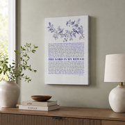 Chinoiserie Bird Print Psalm 91, The Lord Is My Refuge Biblical Quote, Christian Home Navy Decor, Bible Verse Wall Art Prayer Scripture Gift Wall Art, Modern Wall Decor, 16x24 UNFRAMED - Format: Stretched Canvas