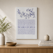 Chinoiserie Bird Print Psalm 91, The Lord Is My Refuge Biblical Quote, Christian Home Navy Decor, Bible Verse Wall Art Prayer Scripture Gift Wall Art, Modern Wall Decor, 16x24 UNFRAMED - Format: Stretched Canvas