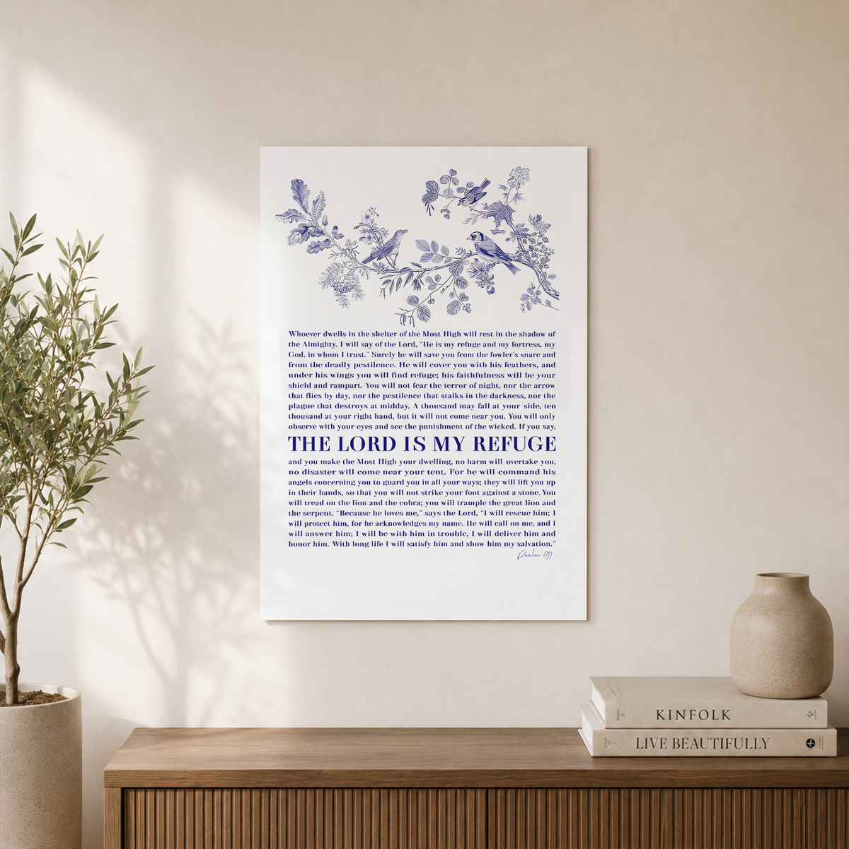 Chinoiserie Bird Print Psalm 91, The Lord Is My Refuge Biblical Quote, Christian Home Navy Decor, Bible Verse Wall Art Prayer Scripture Gift Wall Art, Modern Wall Decor, 16x24 UNFRAMED - Format: Unframed Paper Poster
