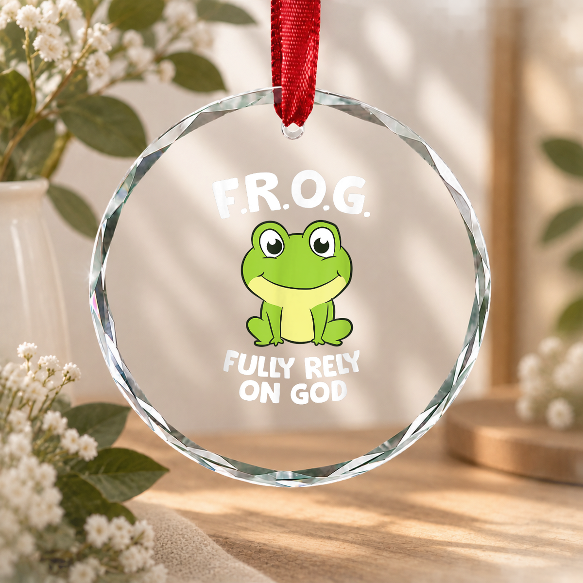Christian Frog Faith Inspired Cute Gift Glass Ornament - Material: Circle Glass Ornament