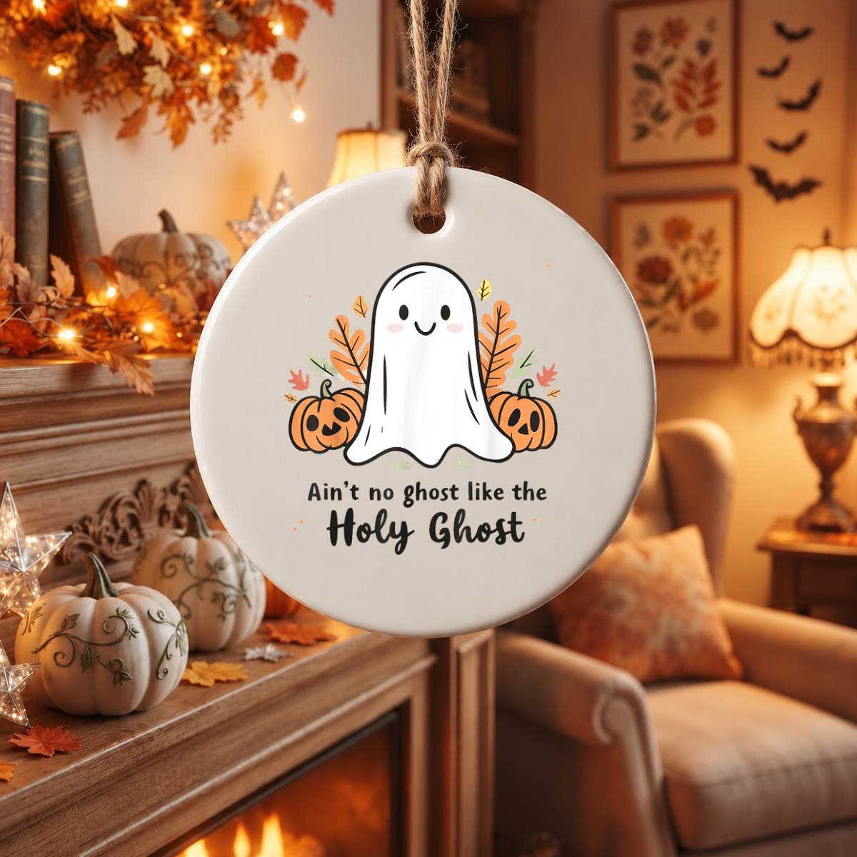 Christian Ghost Halloween Ornament for Seasonal Decor Glass Ornament - Material: Circle Ceramic Ornament